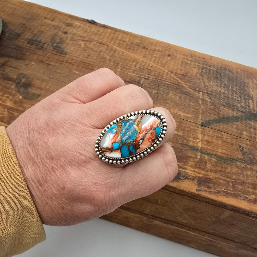 Orange Spiny Oyster and Turquoise Composite Ring
