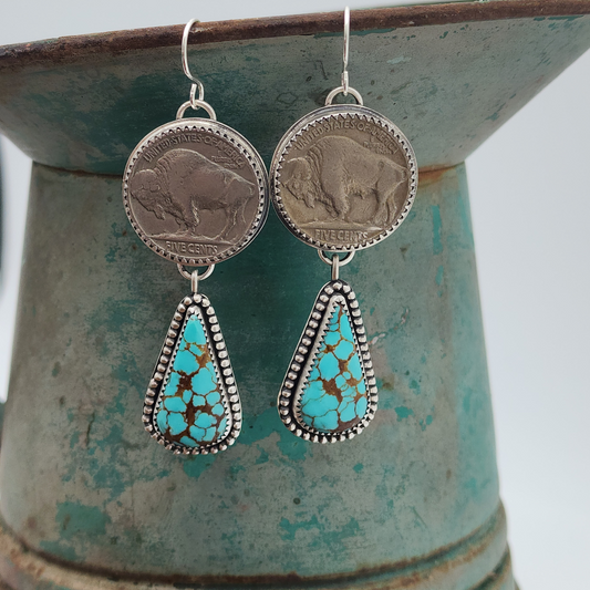 Buffalo Nickel and # 8 Turquoise Earrings