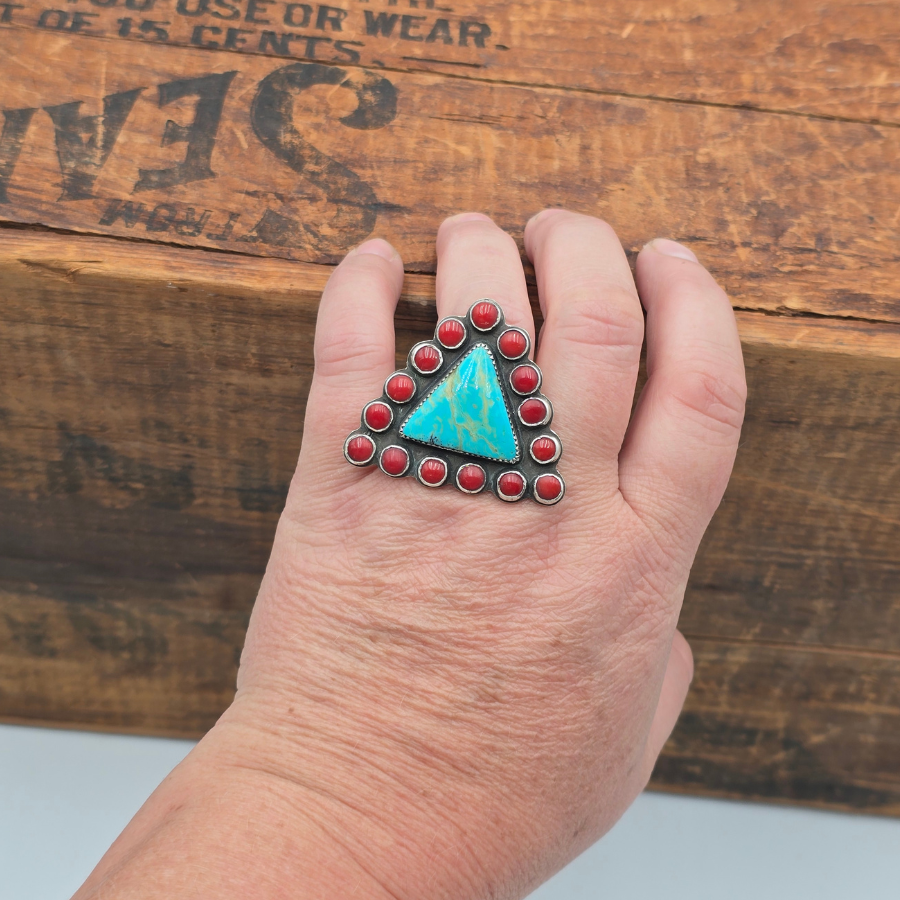 Kingman Turquoise and Coral Ring
