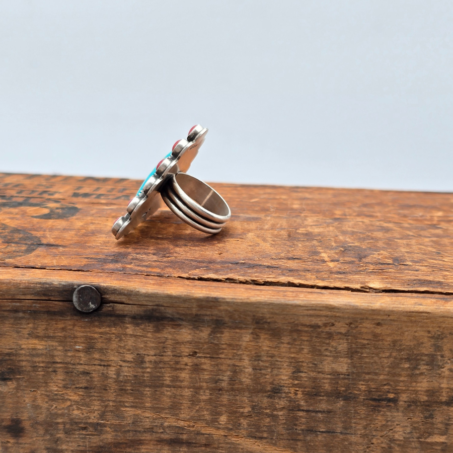Kingman Turquoise and Coral Ring