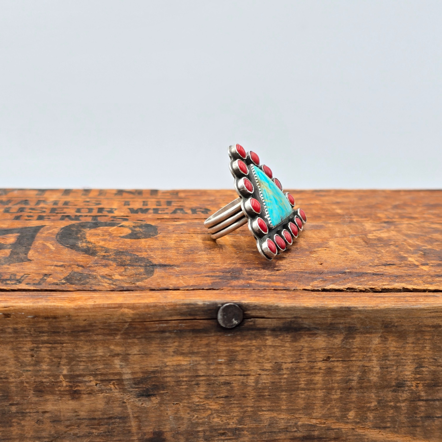 Kingman Turquoise and Coral Ring