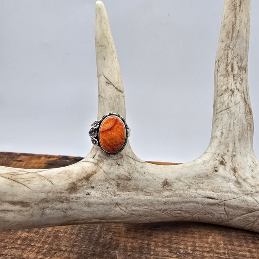 Orange Spiny Oyster and Flowers Ring