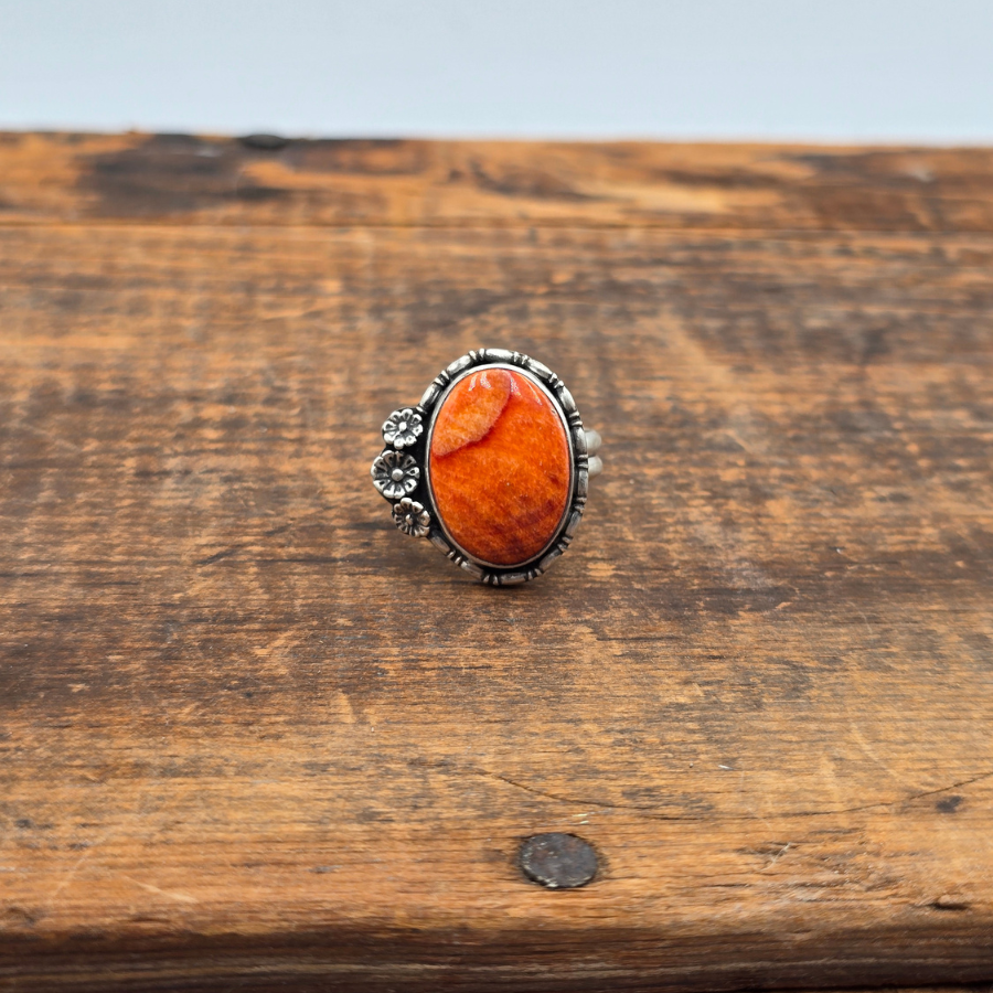 Orange Spiny Oyster and Flowers Ring
