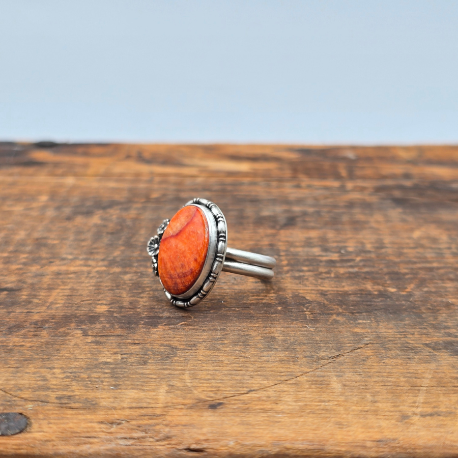 Orange Spiny Oyster and Flowers Ring