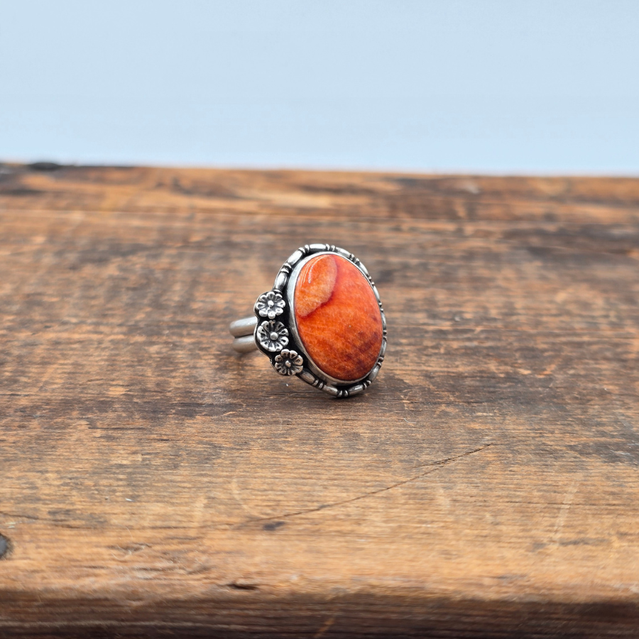 Orange Spiny Oyster and Flowers Ring