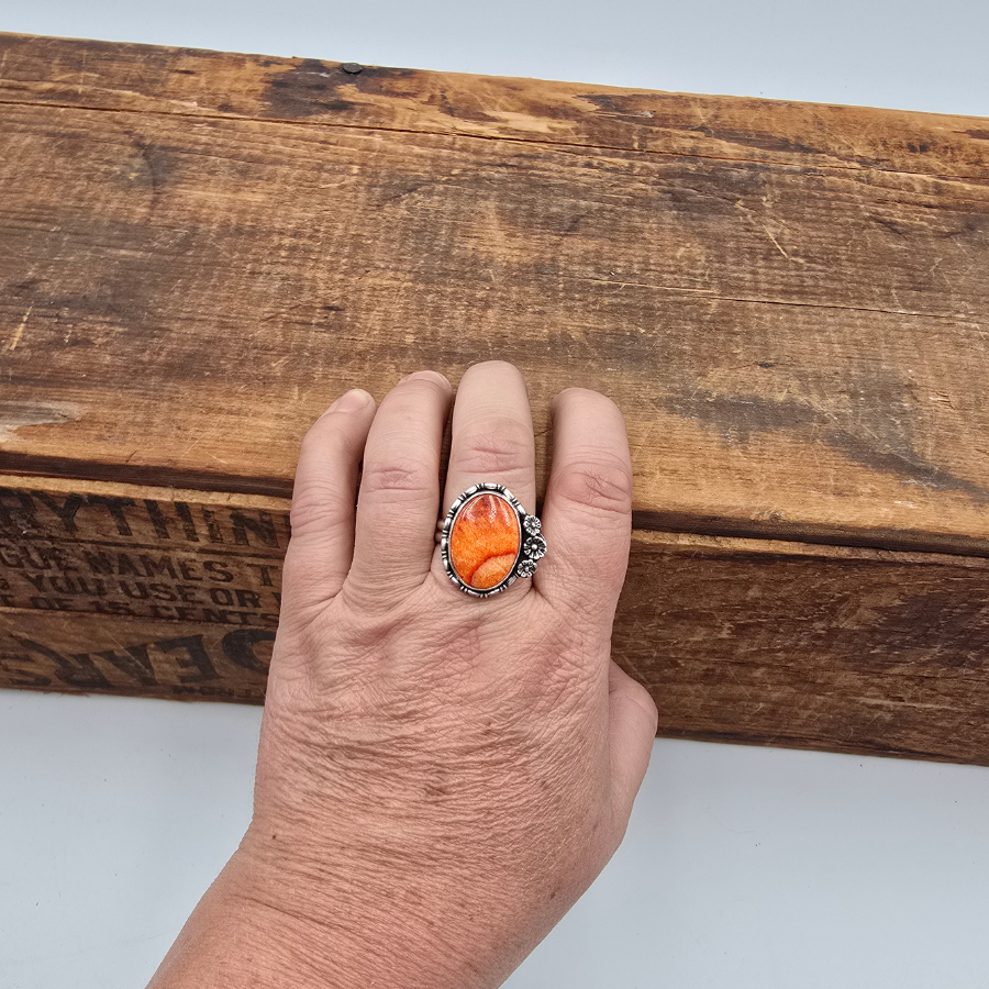 Orange Spiny Oyster and Flowers Ring