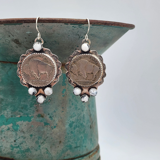 Buffalo Nickel and White Buffalo Earrings