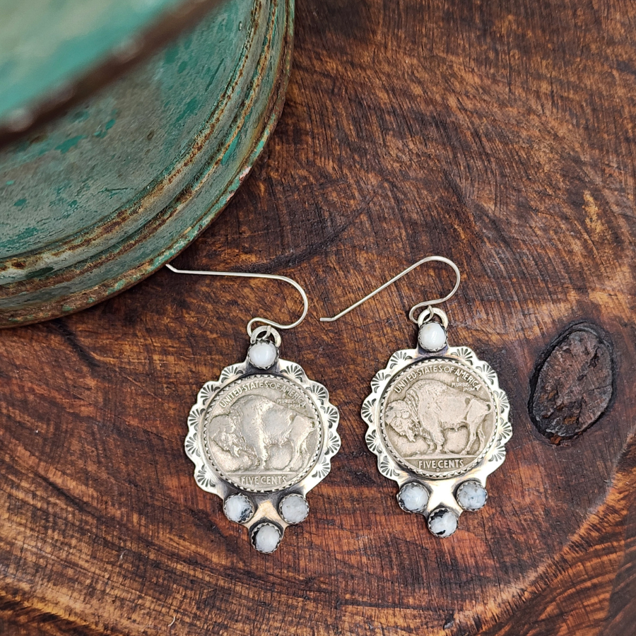Buffalo Nickel and White Buffalo Earrings