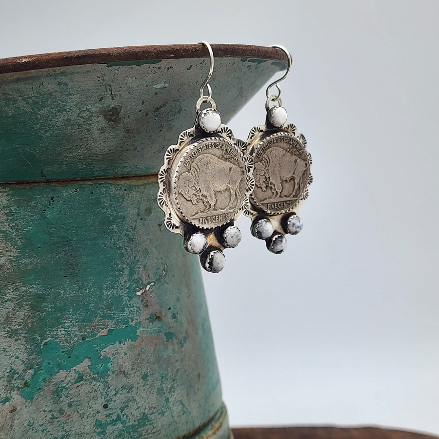 Buffalo Nickel and White Buffalo Earrings