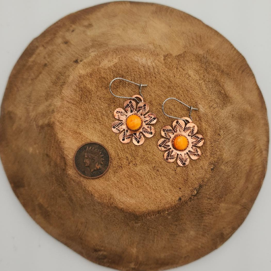 Copper Flower Orange Spiny Oyster Earrings