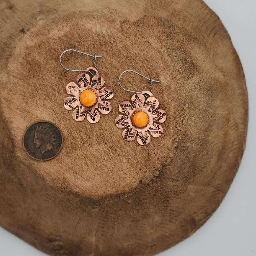 Copper Flower Orange Spiny Oyster Earrings