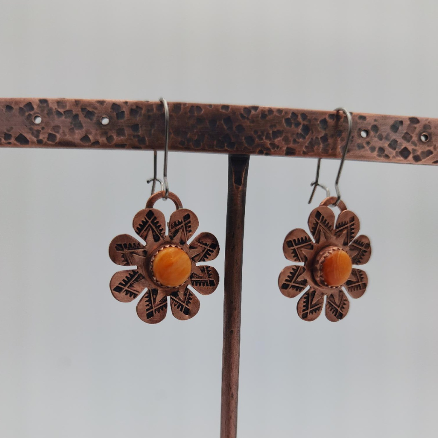 Copper Flower Orange Spiny Oyster Earrings