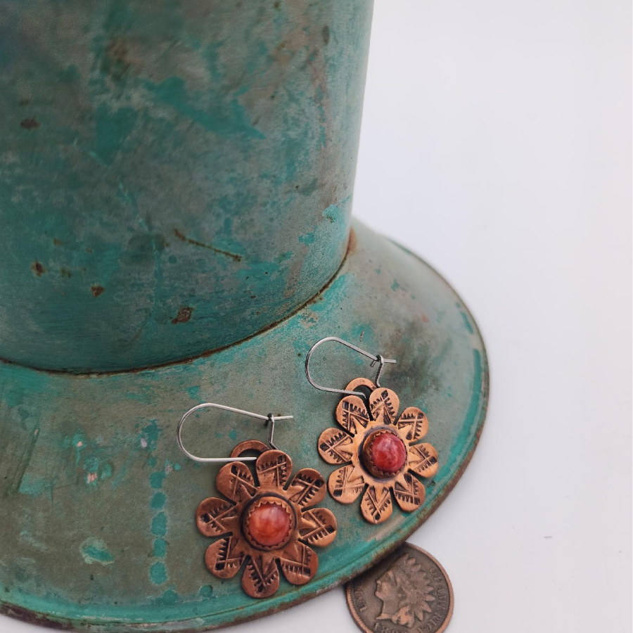 Copper Flower Red Spiny Oyster Earrings