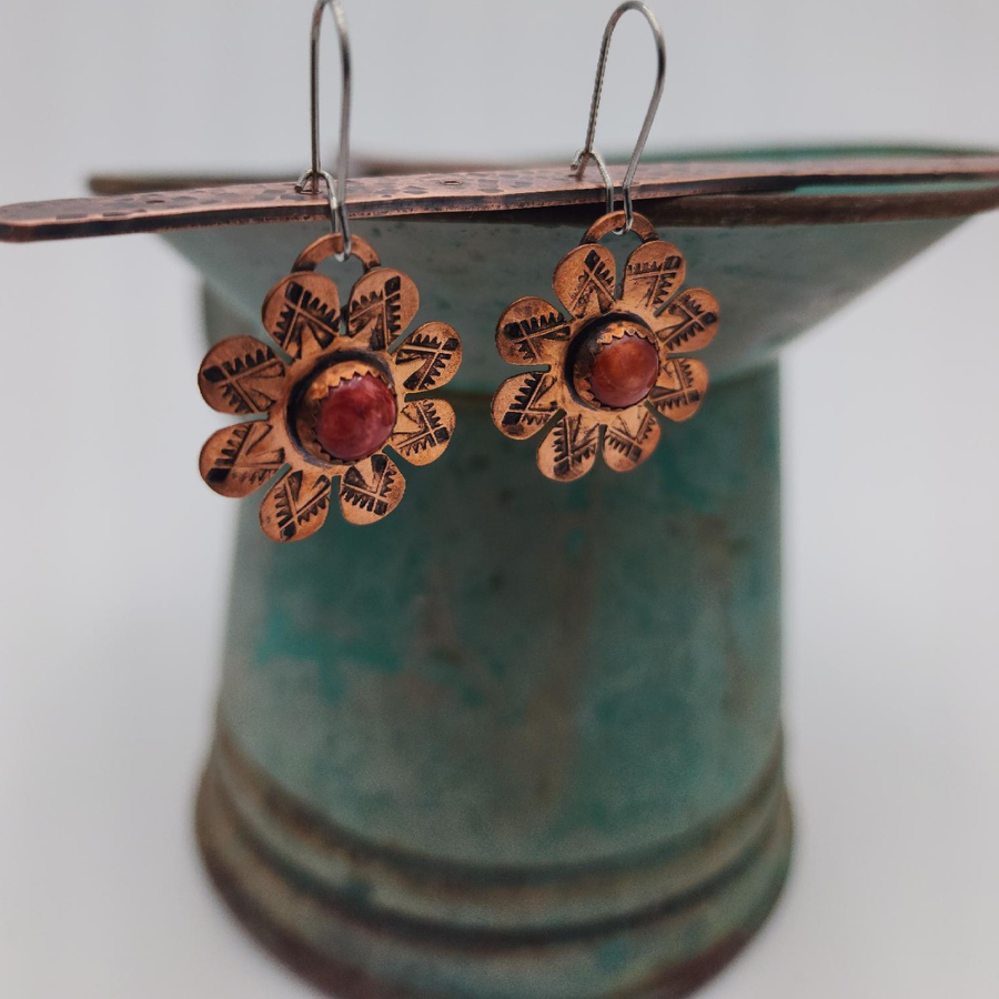Copper Flower Red Spiny Oyster Earrings